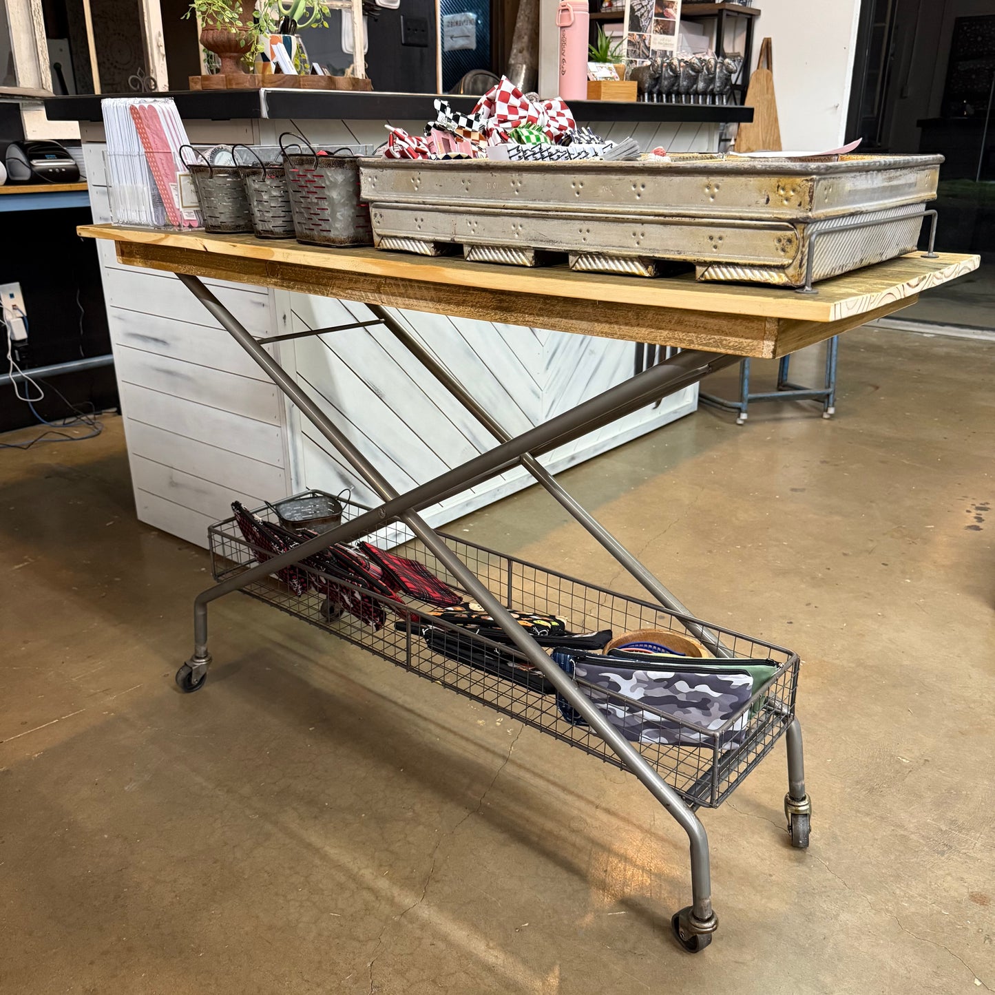 Wood Console with Metal Basket on Wheels