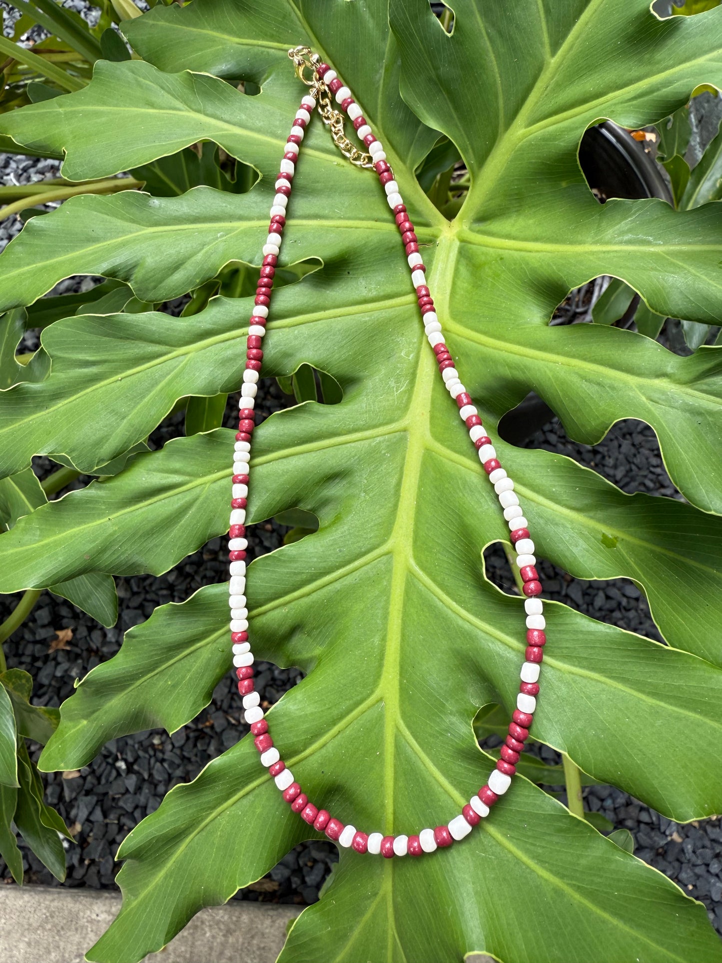 Beaded Necklace - Maroon + White