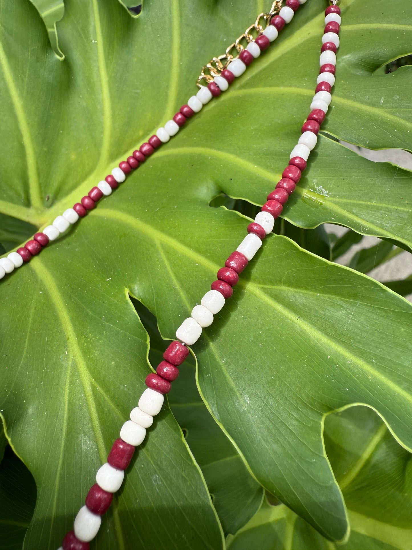 Beaded Necklace - Maroon + White