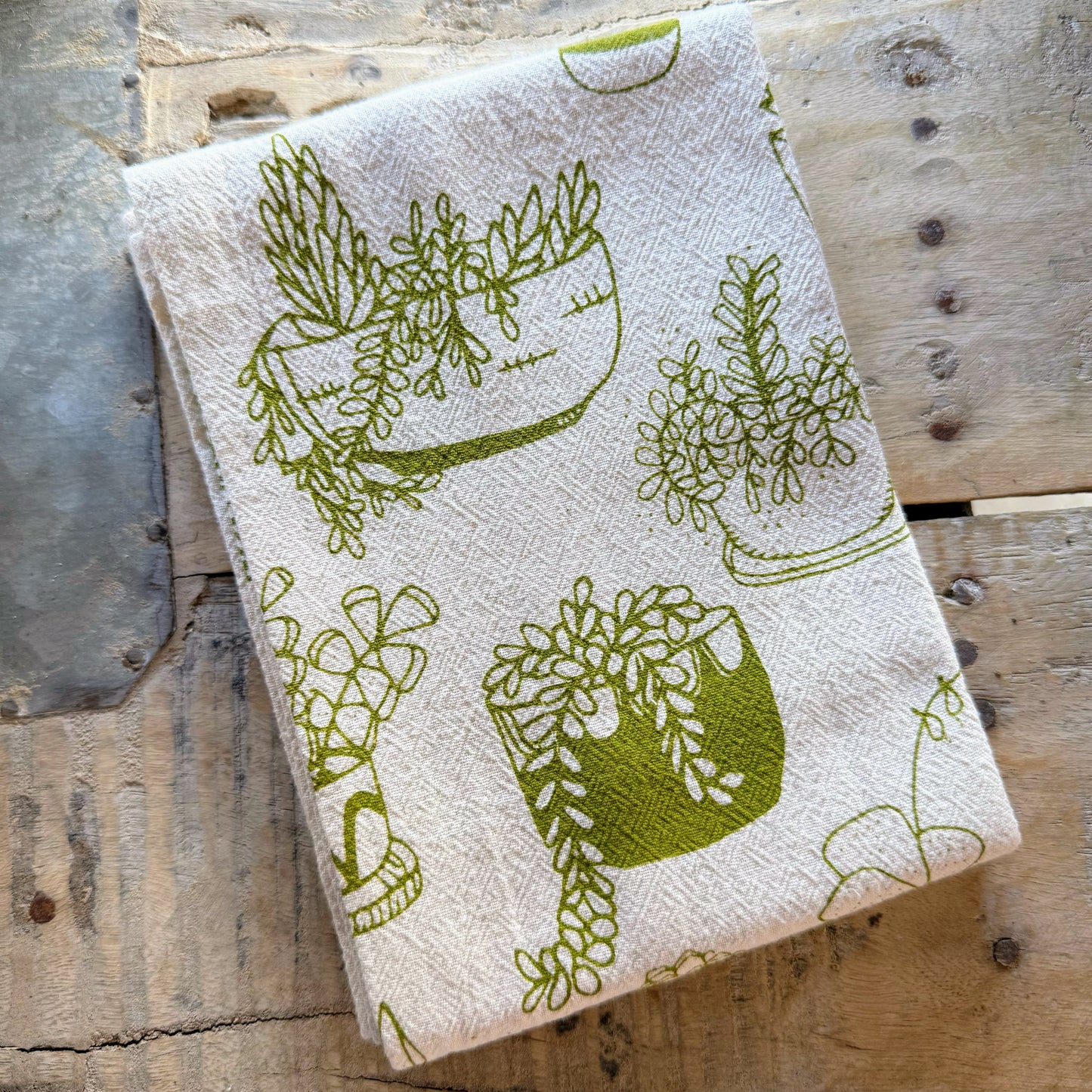 Green Succulent Handprinted Kitchen Towel