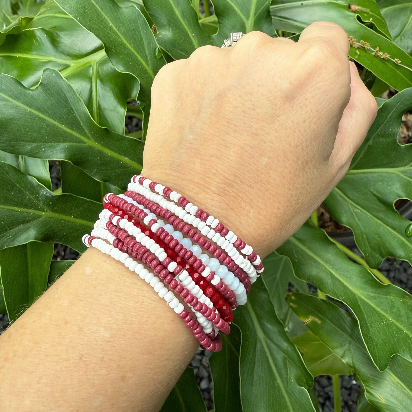 Beaded Bracelet - Maroon + White Stretch Stack