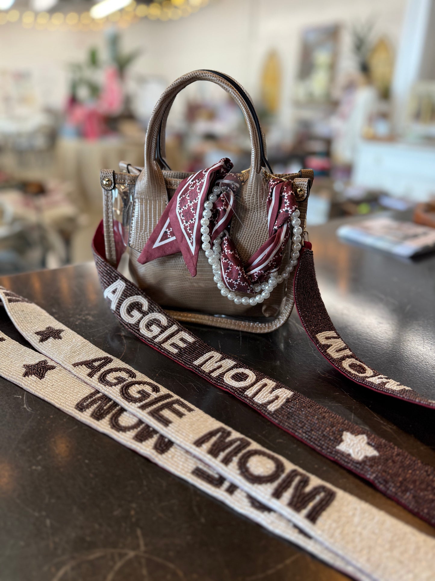 Aggie Mom Beaded Purse Strap - White - 1.5"