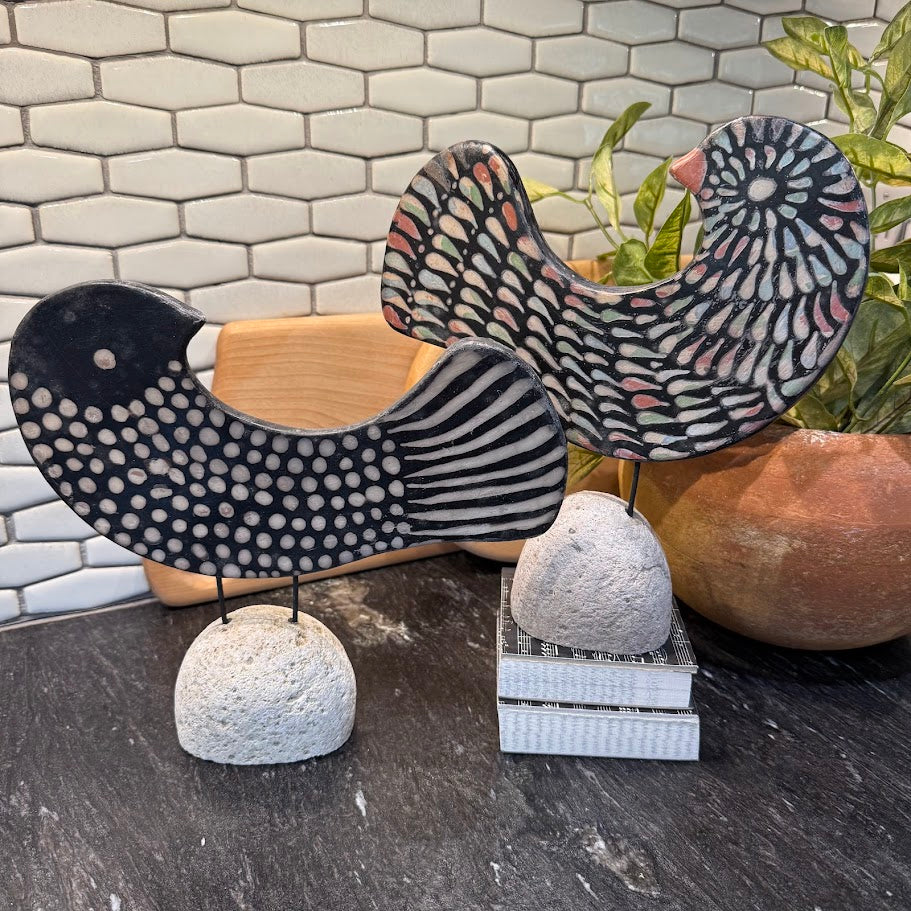 Clay Bird on Rock Base