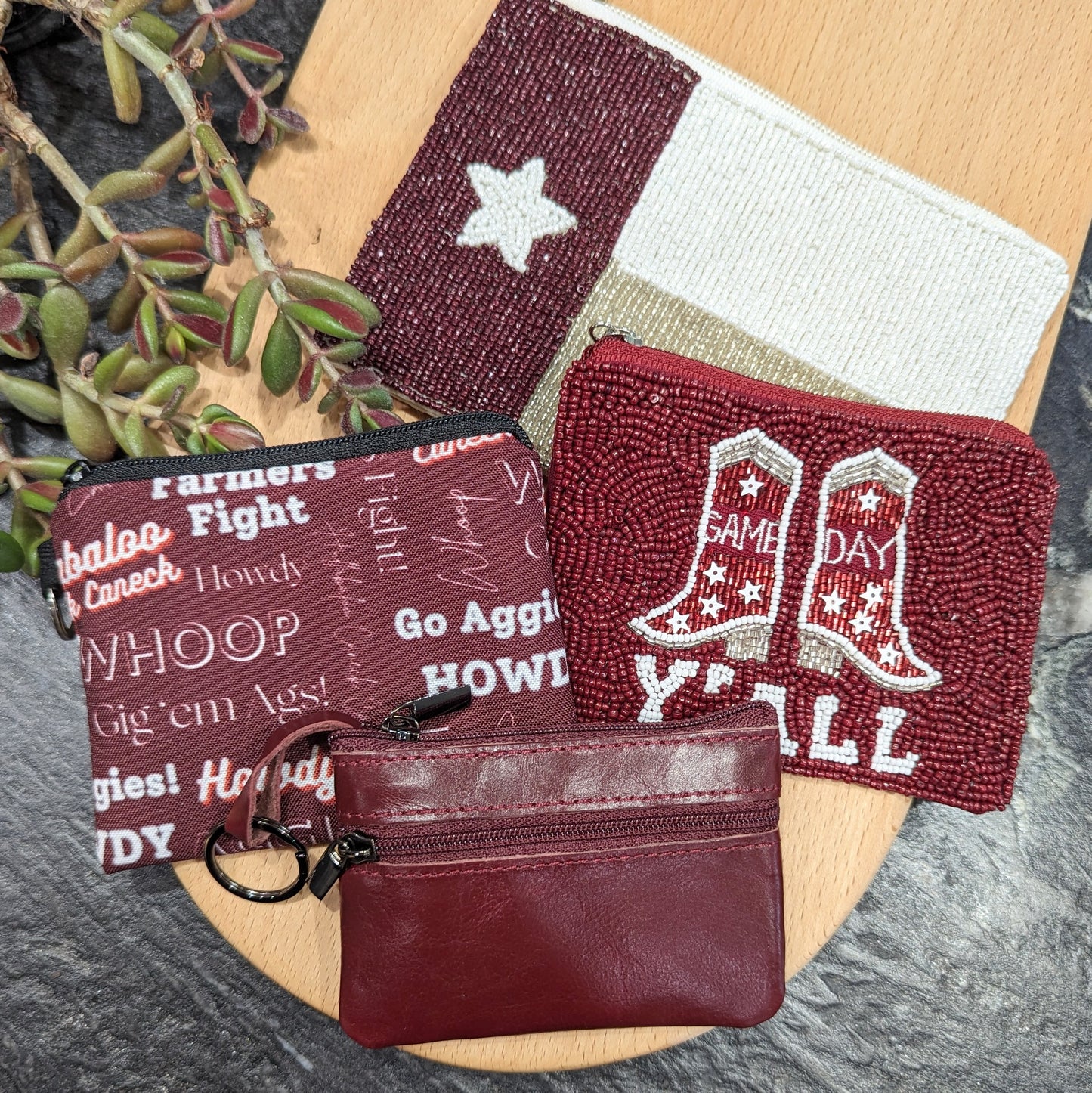 Genuine Leather Mini Pouch + Keychain - Maroon
