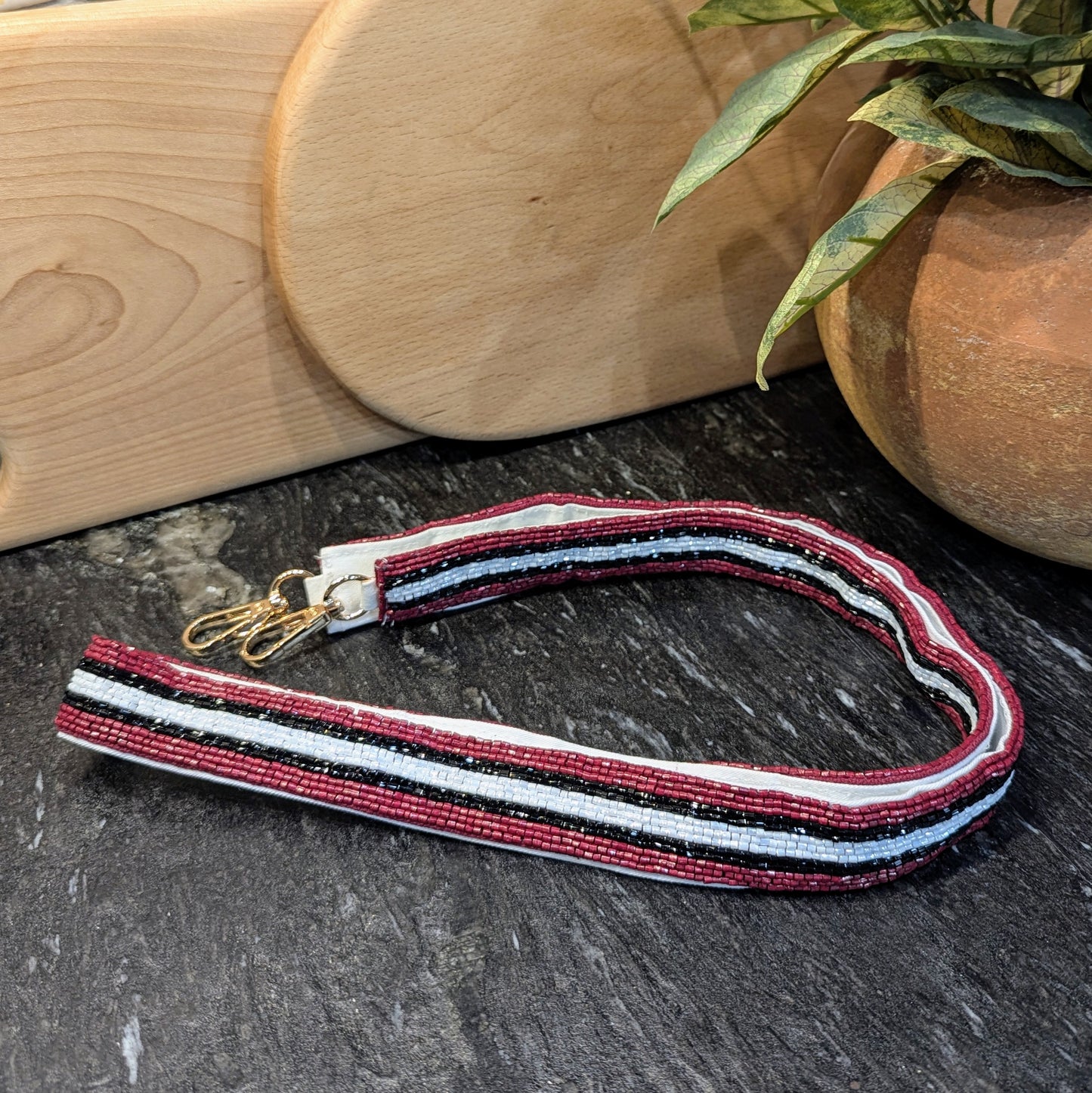 Stripe Beaded Strap - Maroon Black White - 1"