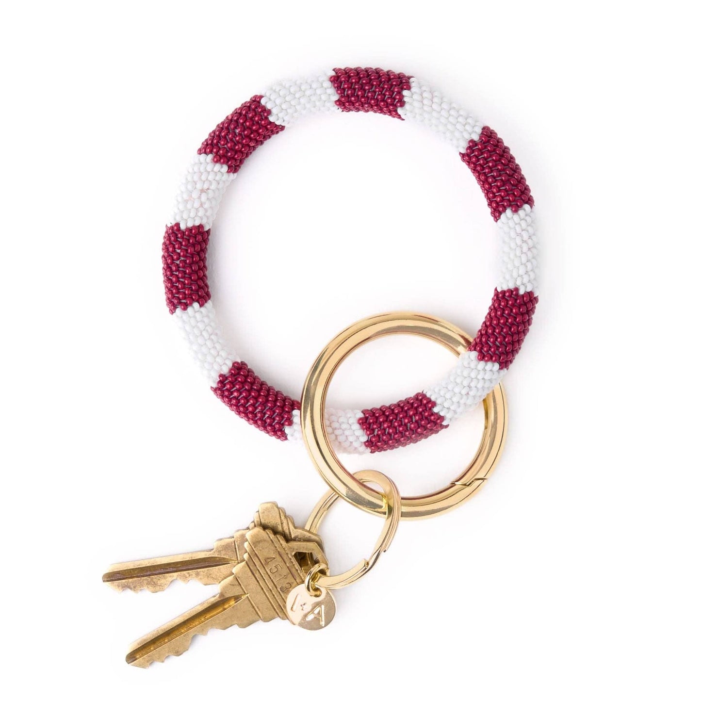 Beaded Wrislet Key Ring - Maroon + White