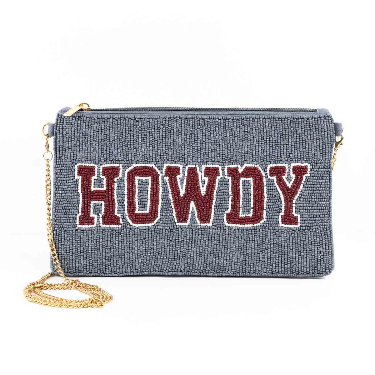 Howdy Beaded Crossbody Purse in Grey + Maroon