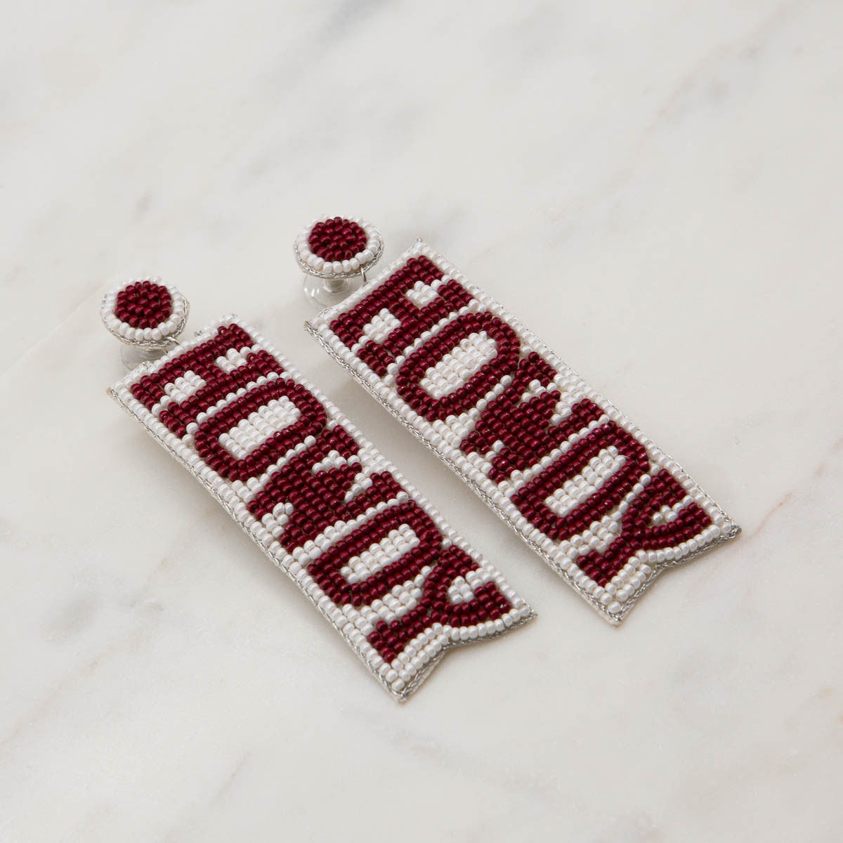 Howdy Beaded Earrings in Maroon + White