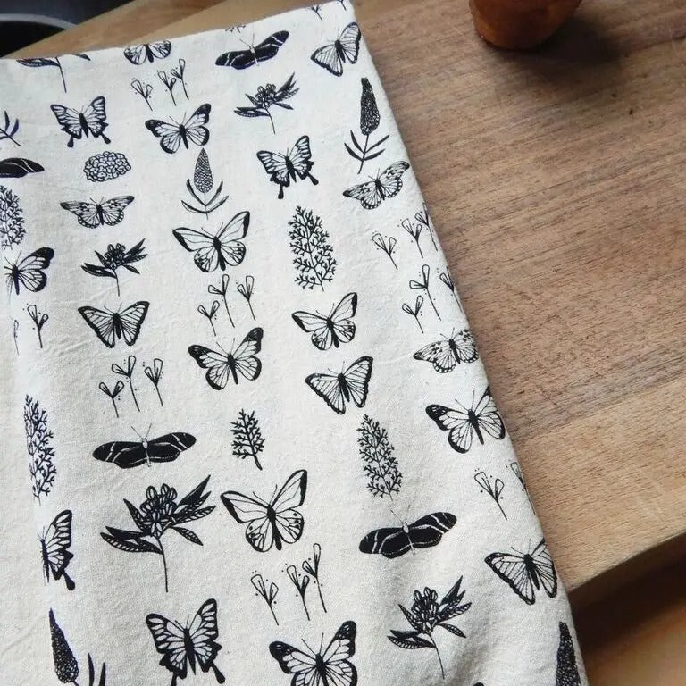 Black Butterflies Handprinted Kitchen Towel
