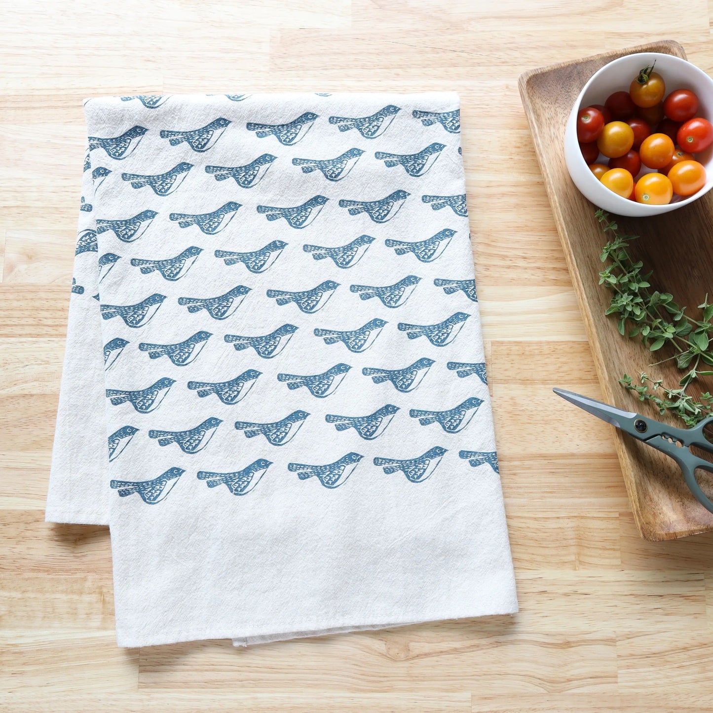 Blue Birds Handprinted Kitchen Towel