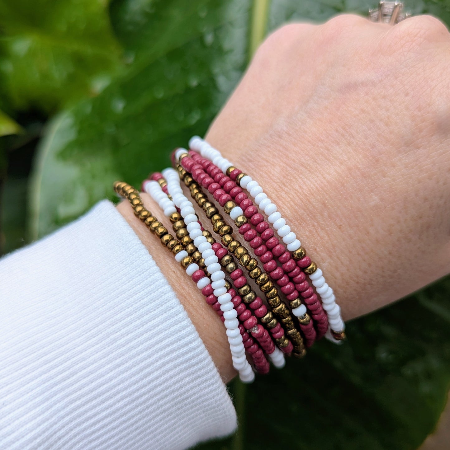 Beaded Bracelet - Maroon + Gold Stretch Stack