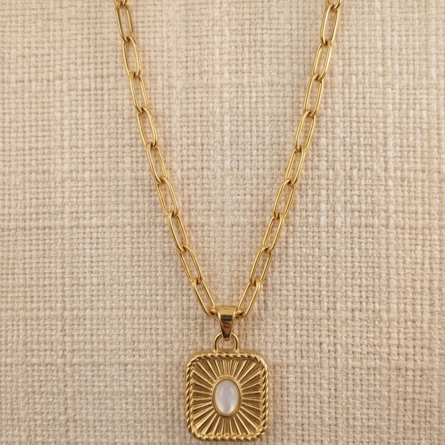 Gold Pennant Chain Necklace - Square with Gem
