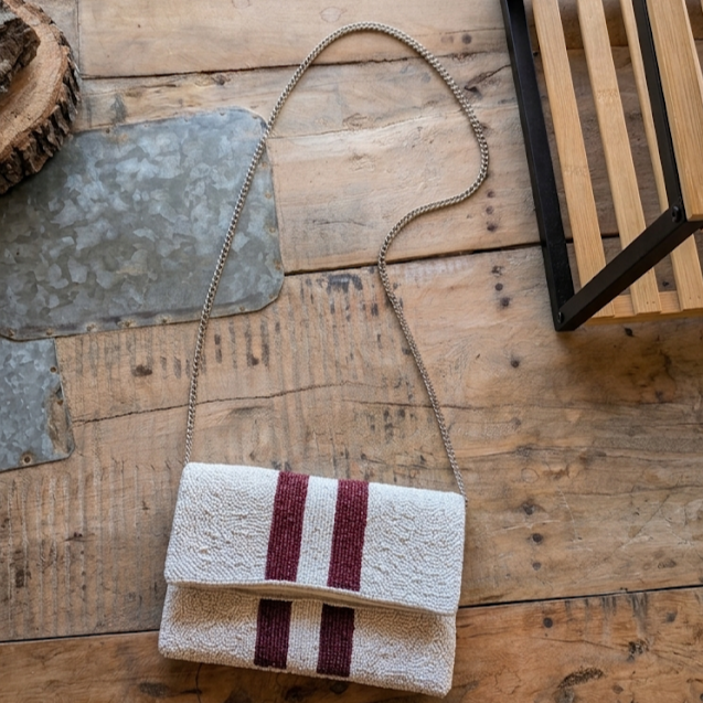 Striped Beaded Crossbody Purse in White + Maroon