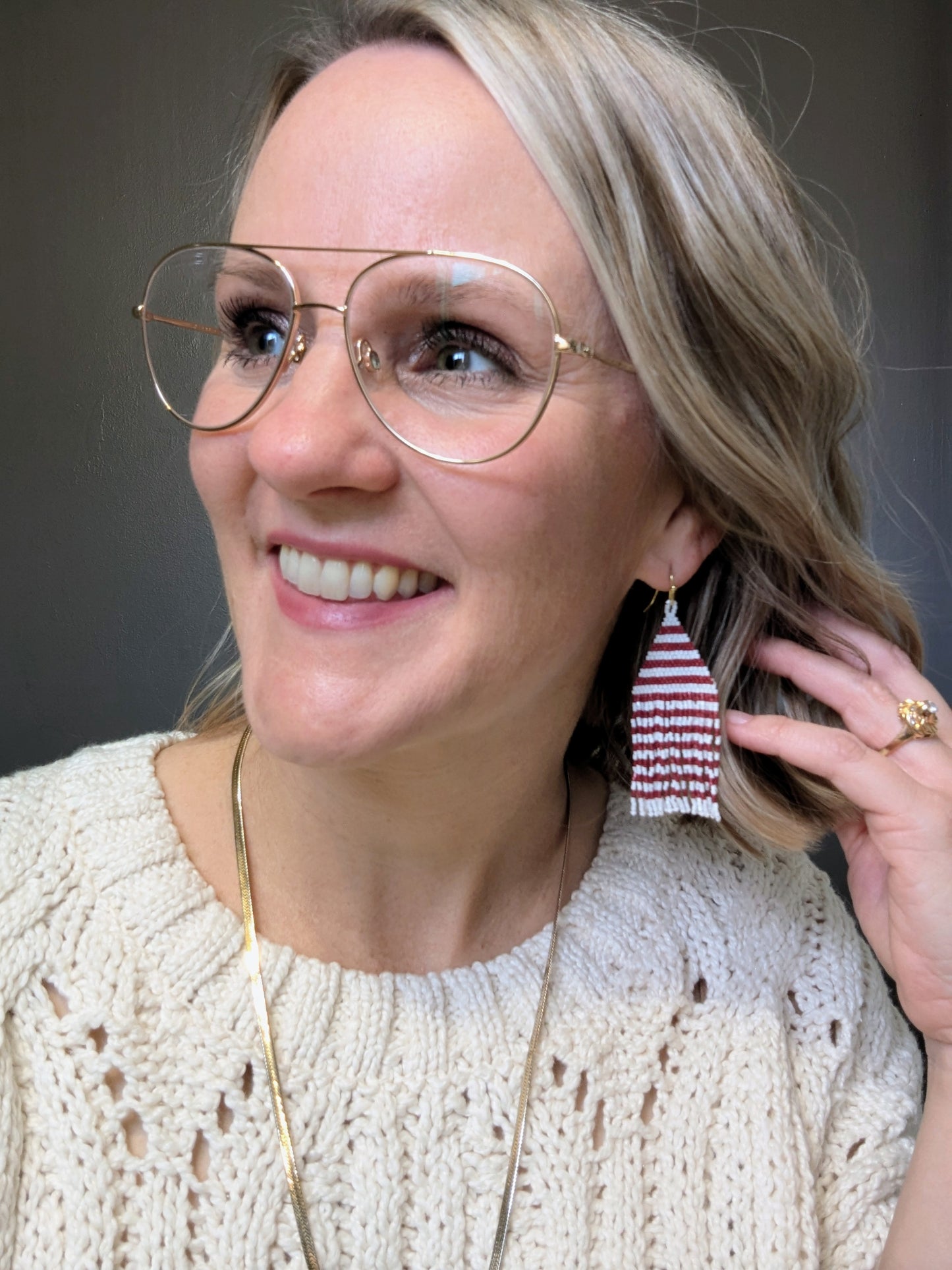 Beaded Fringe Earrings - Maroon + White Mini Stripe