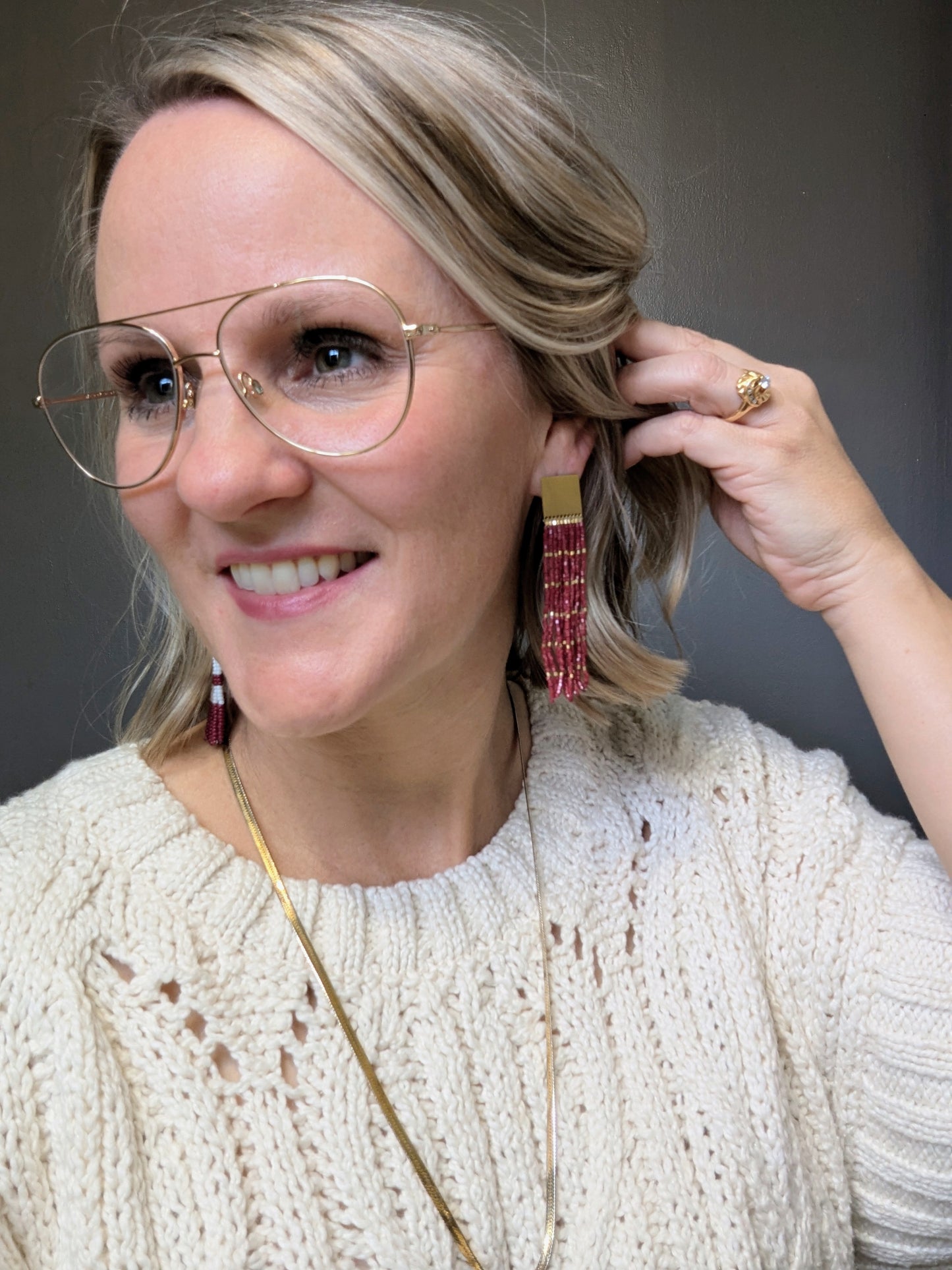 Beaded Fringe Earrings - Brass Top Maroon