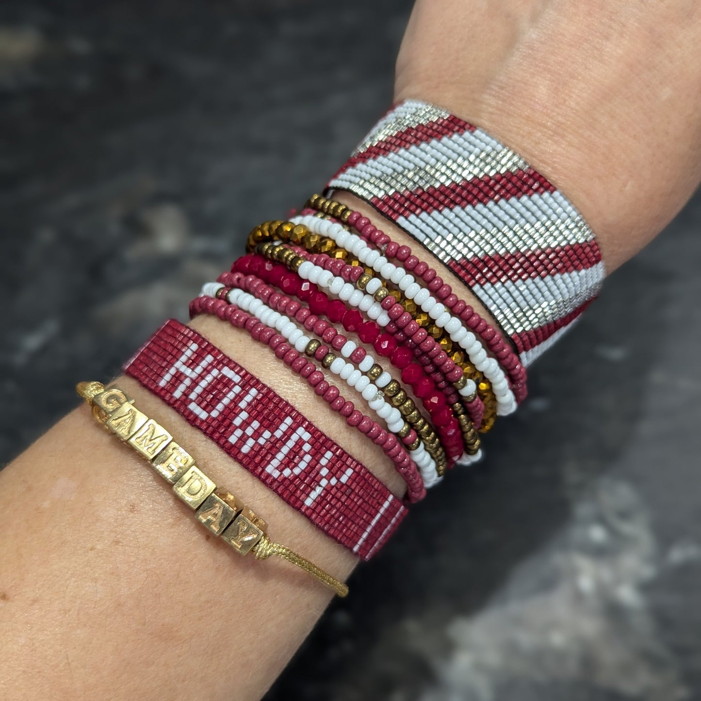 Beaded Bracelet - Diagonal Stripes Stretch in Maroon + White + Silver