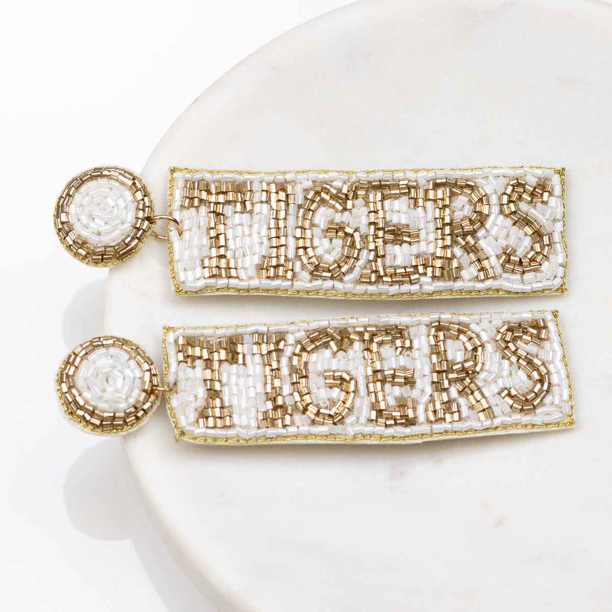 Tiger Beaded Earrings - White + Gold