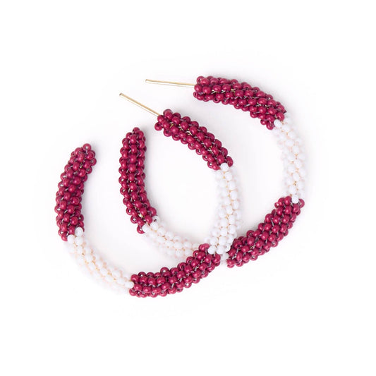 Beaded Hoop Earrings - Maroon + White