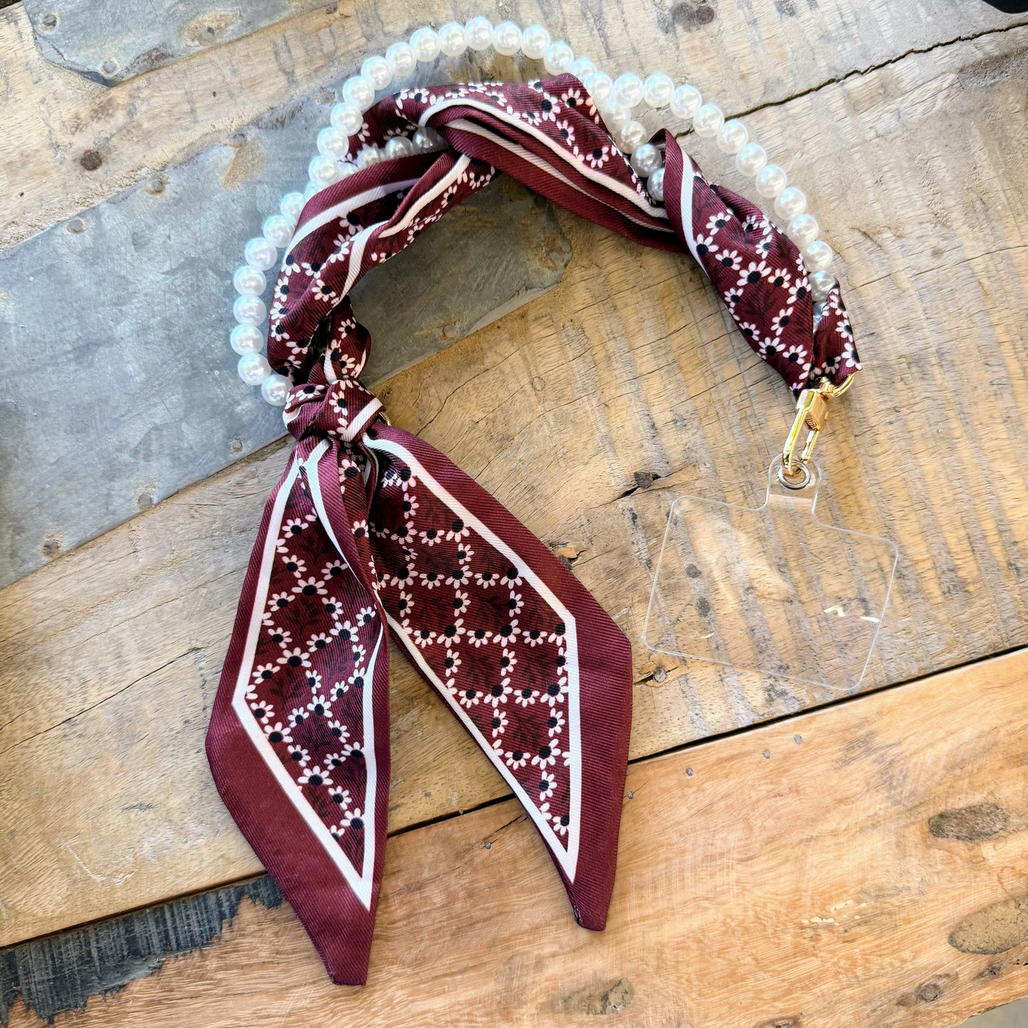 Woven Scarf Pearl Phone Strap/Wristlet - Maroon