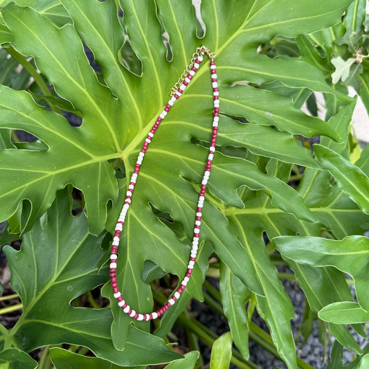 Beaded Necklace - Maroon + White