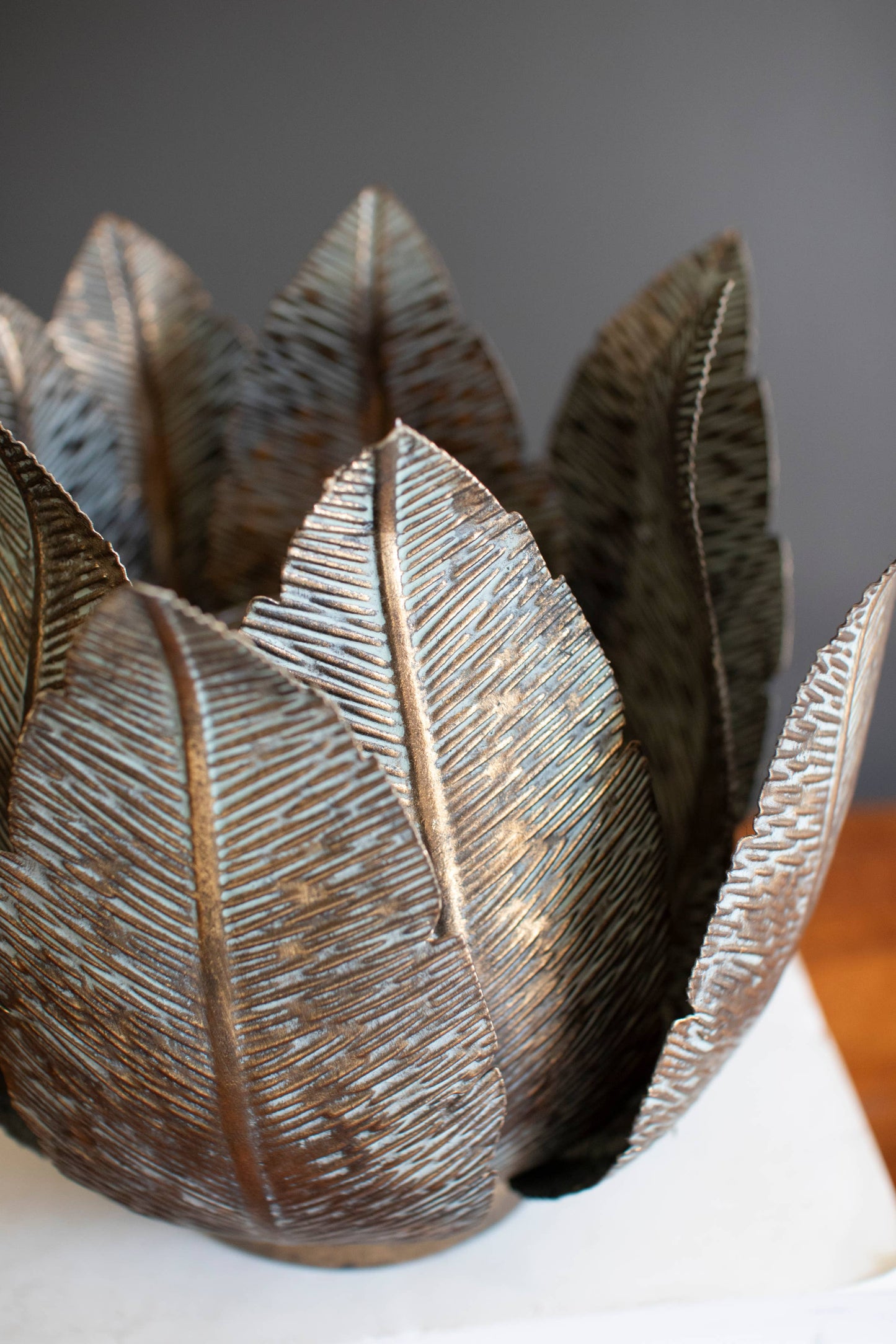Antique Brass Leaf Candleholder with Hurricane