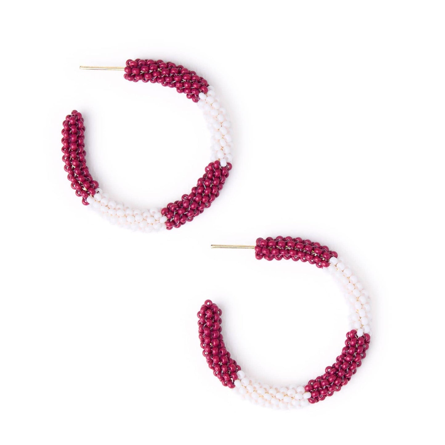 Beaded Hoop Earrings - Maroon + White
