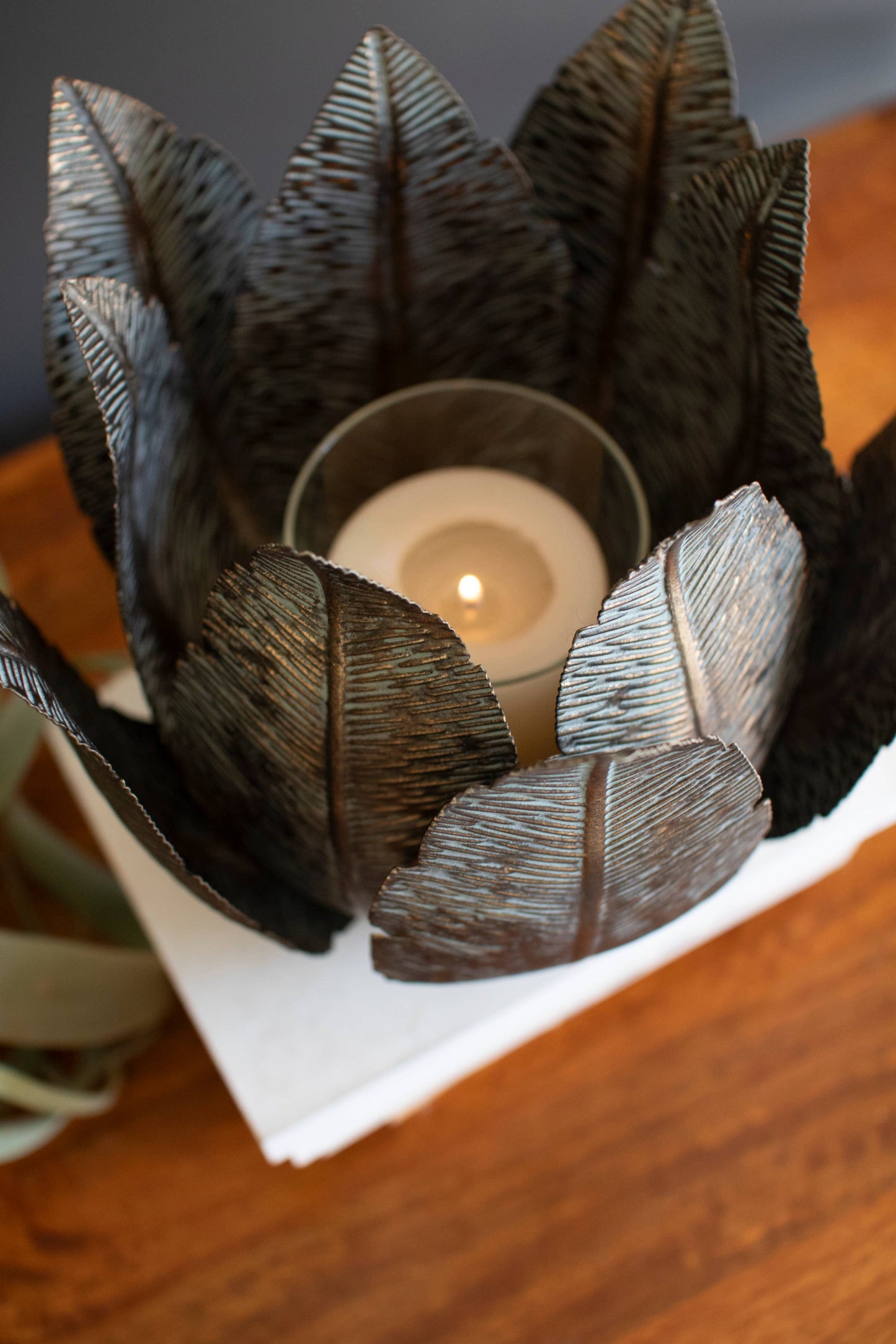 Antique Brass Leaf Candleholder with Hurricane