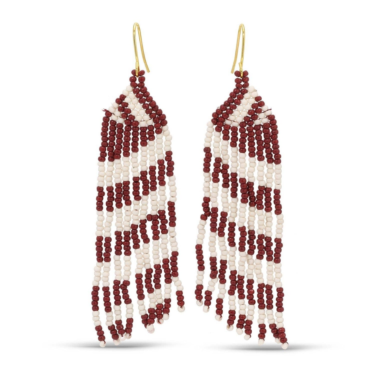 Long Beaded Earrings: Maroon + White