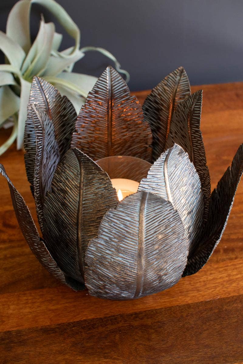 Antique Brass Leaf Candleholder with Hurricane