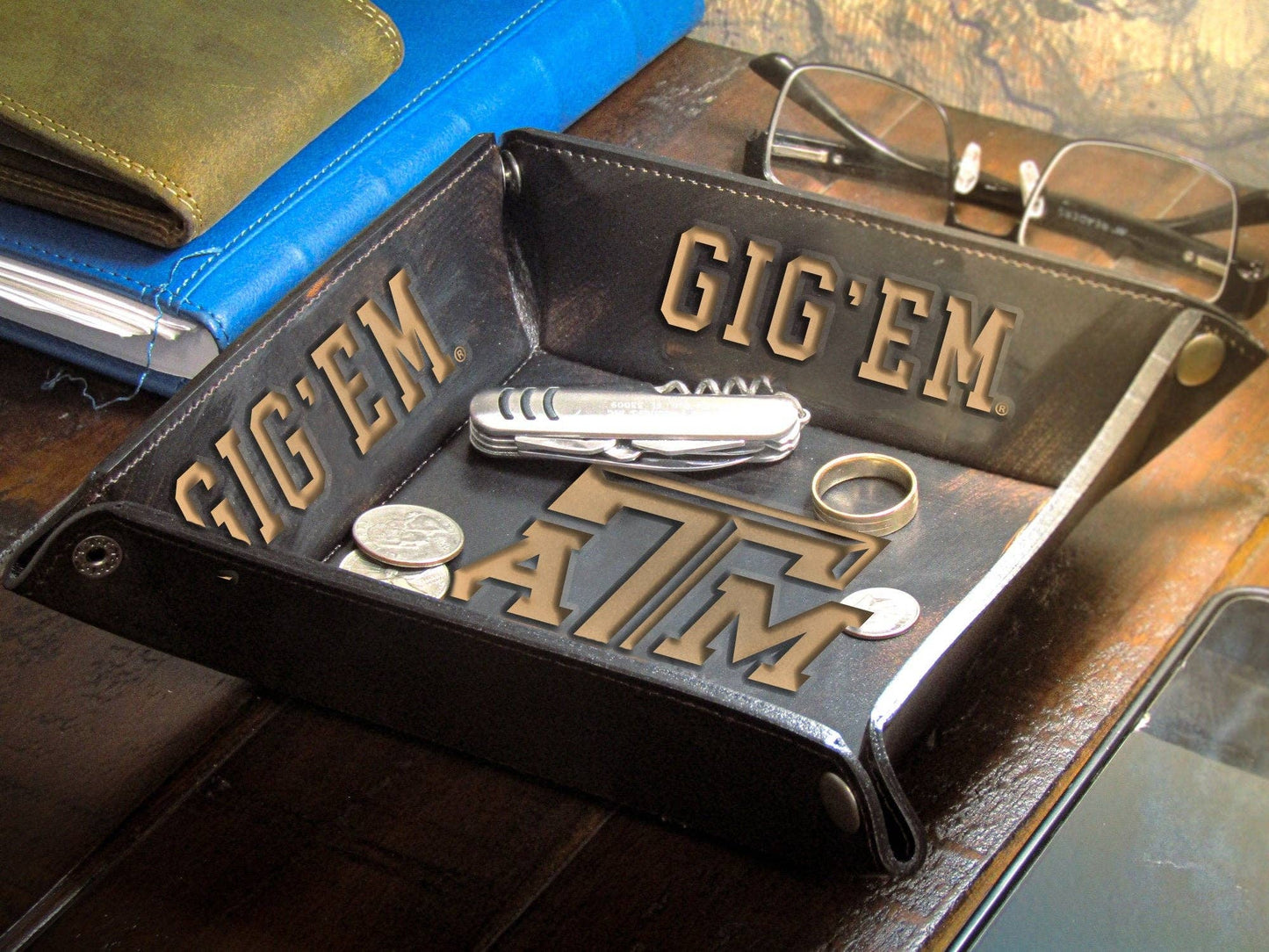 Leather Logo & Slogan Valet Tray - Texas A&M