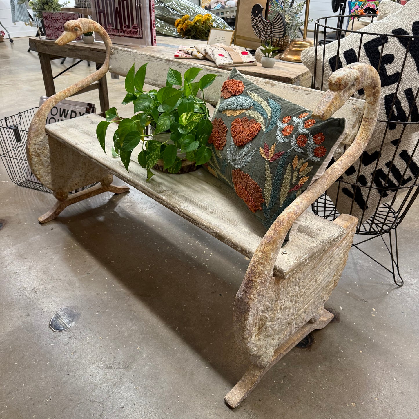 Swan Metal & Pine Vintage Reproduction Bench