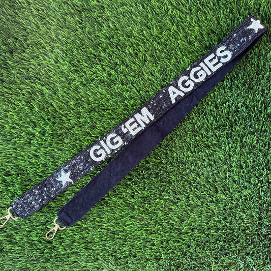 Black Sequin Gig ‘em Aggies Purse Strap - 1.5"