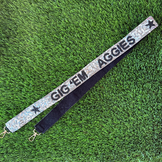 Silver Sequin Gig ‘em Aggies Purse Strap - 1.5"