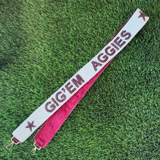 Gig 'em Aggies Beaded Purse Strap - White - 2"