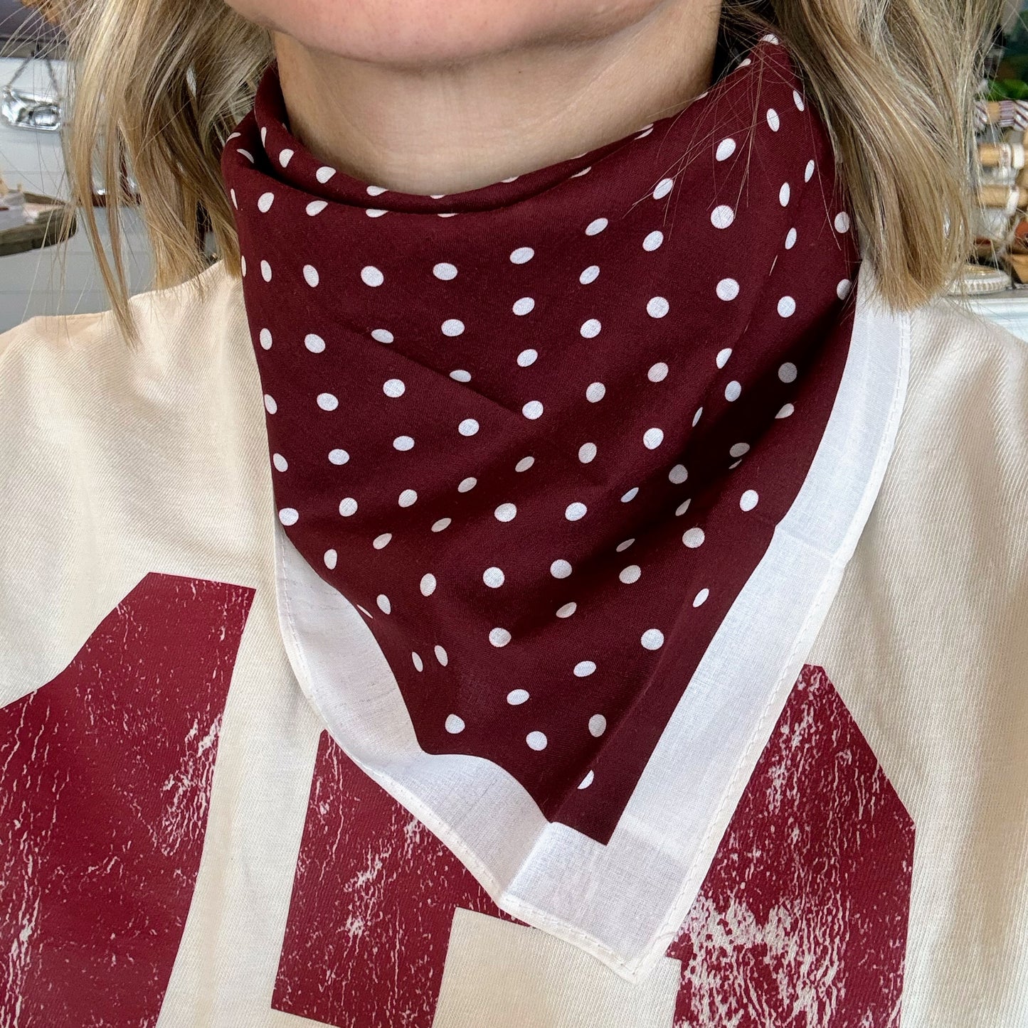 Bandana - Maroon + White Polka Dot