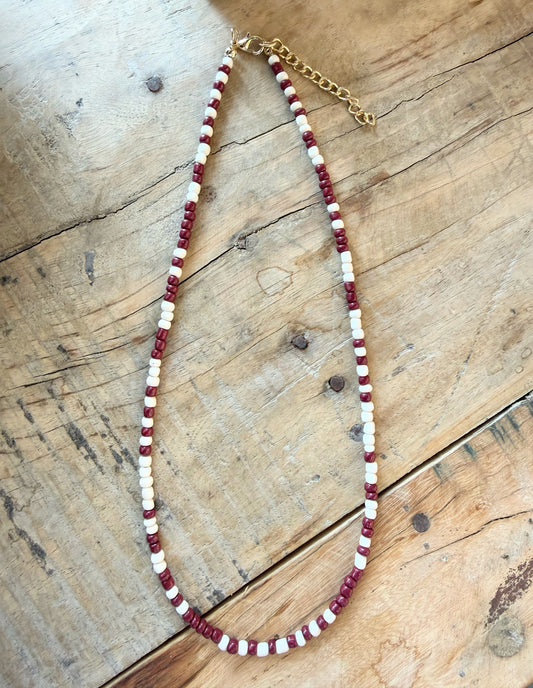 Beaded Necklace - Maroon + White
