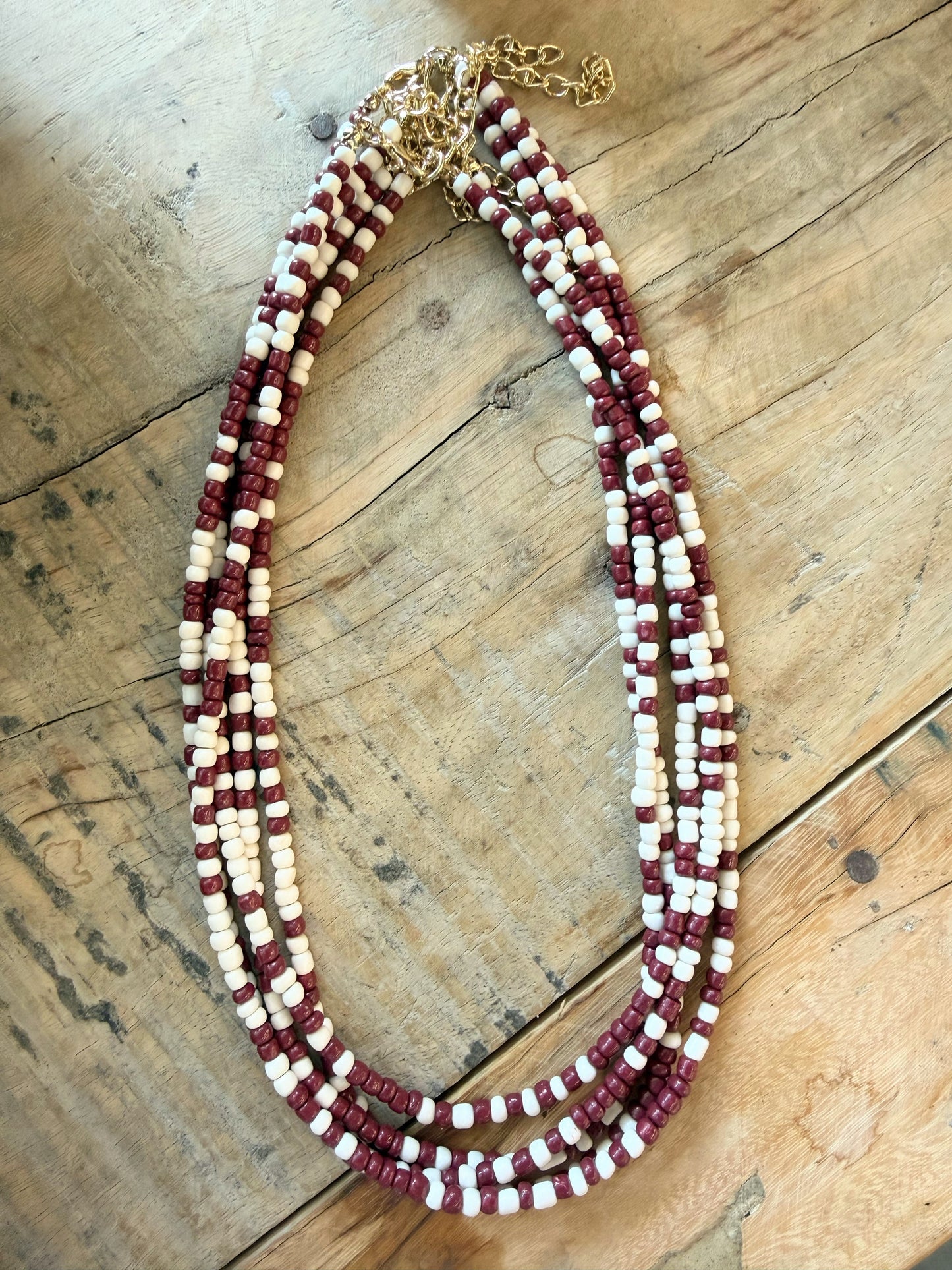 Beaded Necklace - Maroon + White