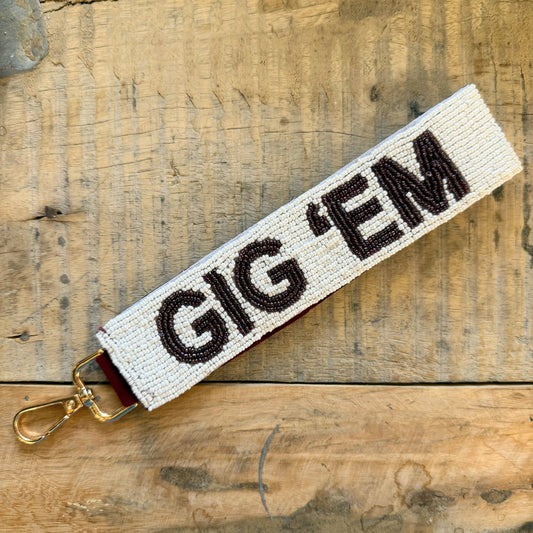Gig ‘Em Beaded Wristlet - White