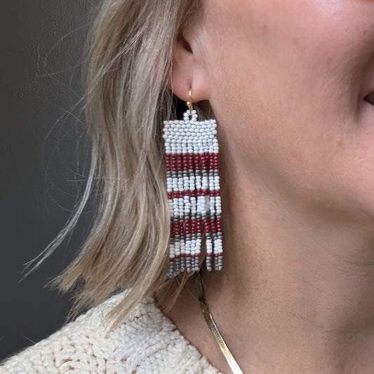 Beaded Fringe Earrings - Maroon + White + Grey Stripe