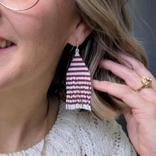 Beaded Fringe Earrings - Maroon + White Mini Stripe