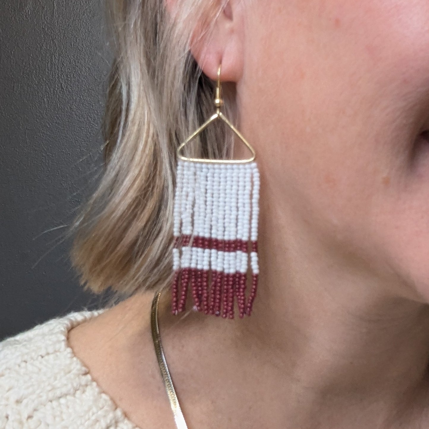 Beaded Fringe Earrings - Maroon + White Stripe