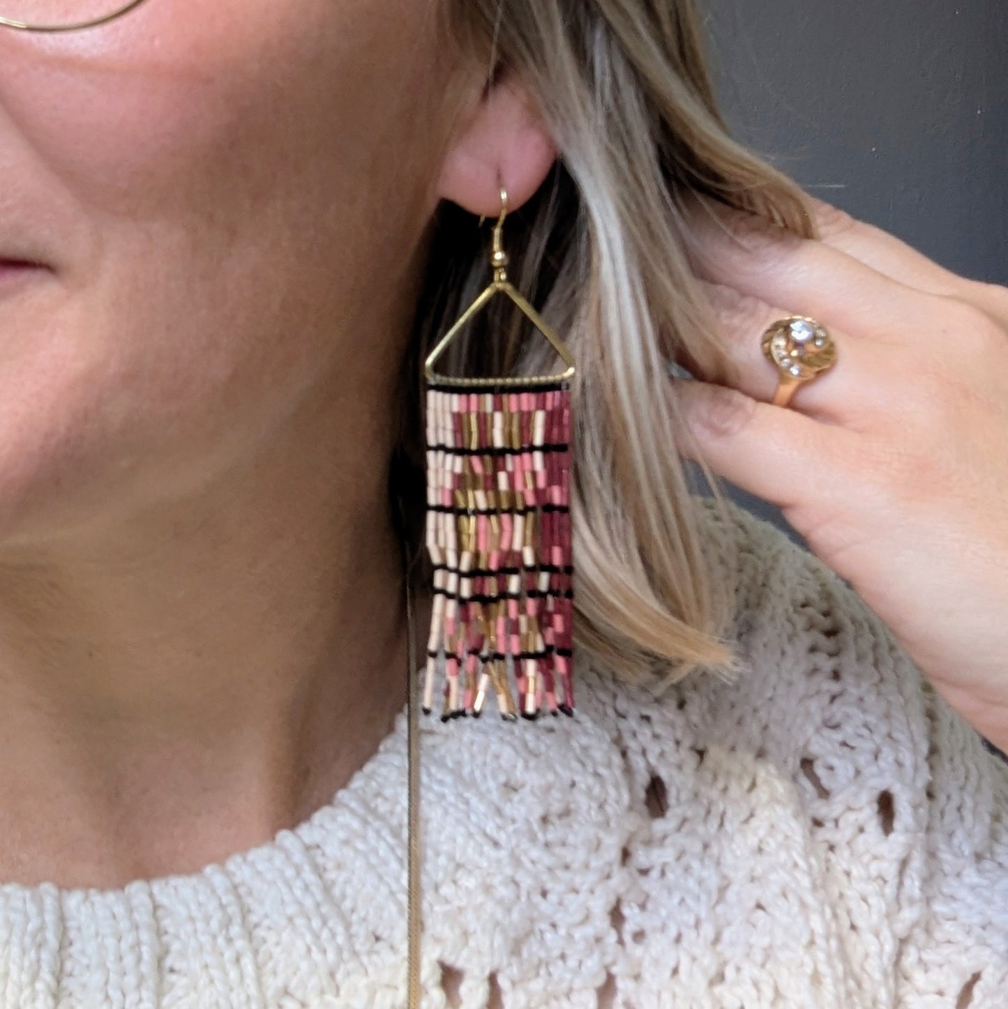 Beaded Fringe Earrings - Luxe Gradient Maroon