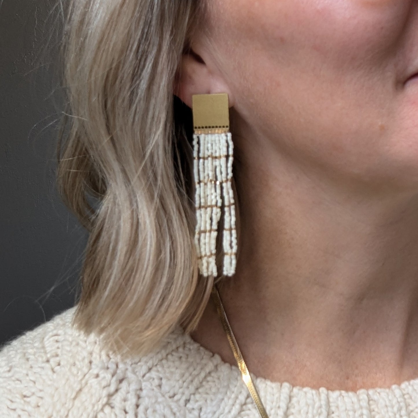 Beaded Fringe Earrings - Brass Top Ivory