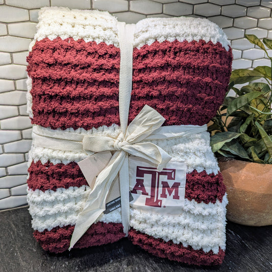 Cable Knit Throw - Maroon + White