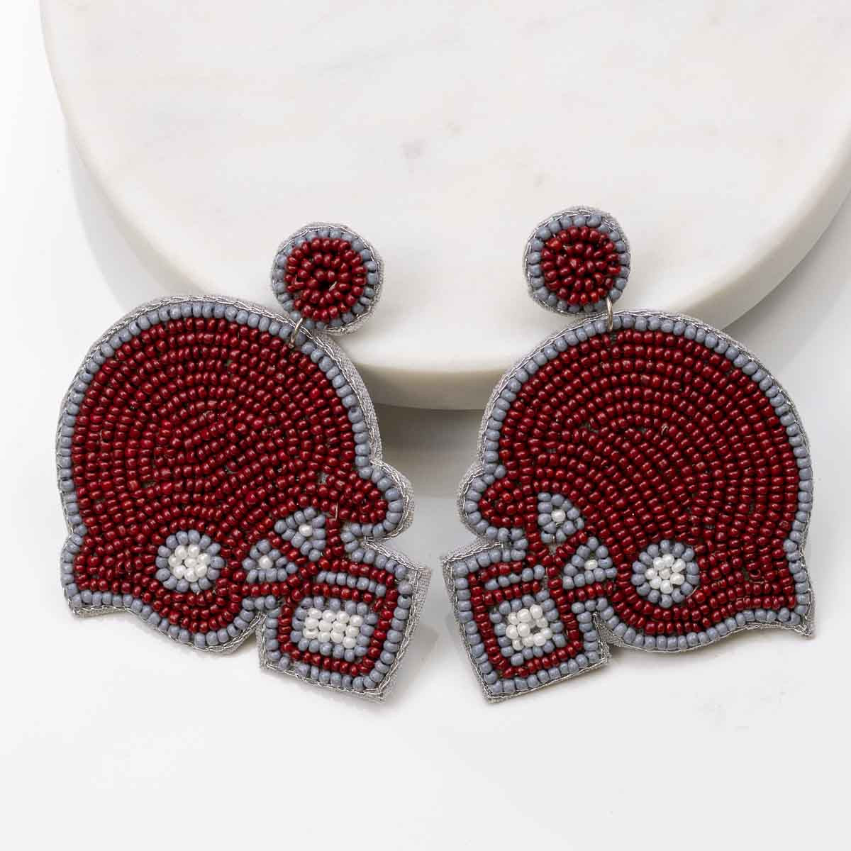 Beaded Helmet Earrings in Maroon + Grey