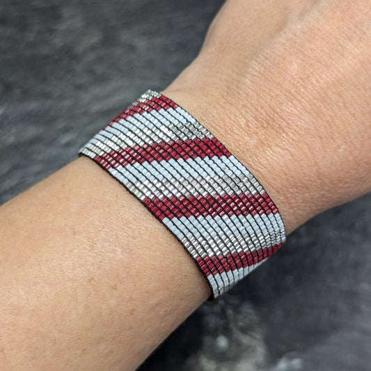 Beaded Bracelet - Diagonal Stripes Stretch in Maroon + White + Silver