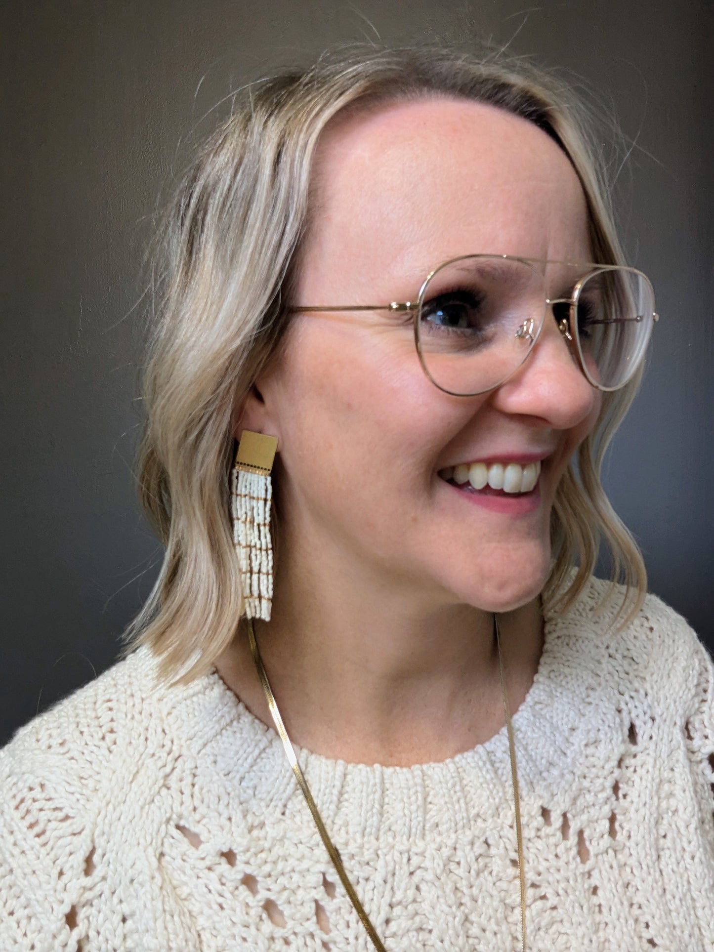 Beaded Fringe Earrings - Brass Top Ivory