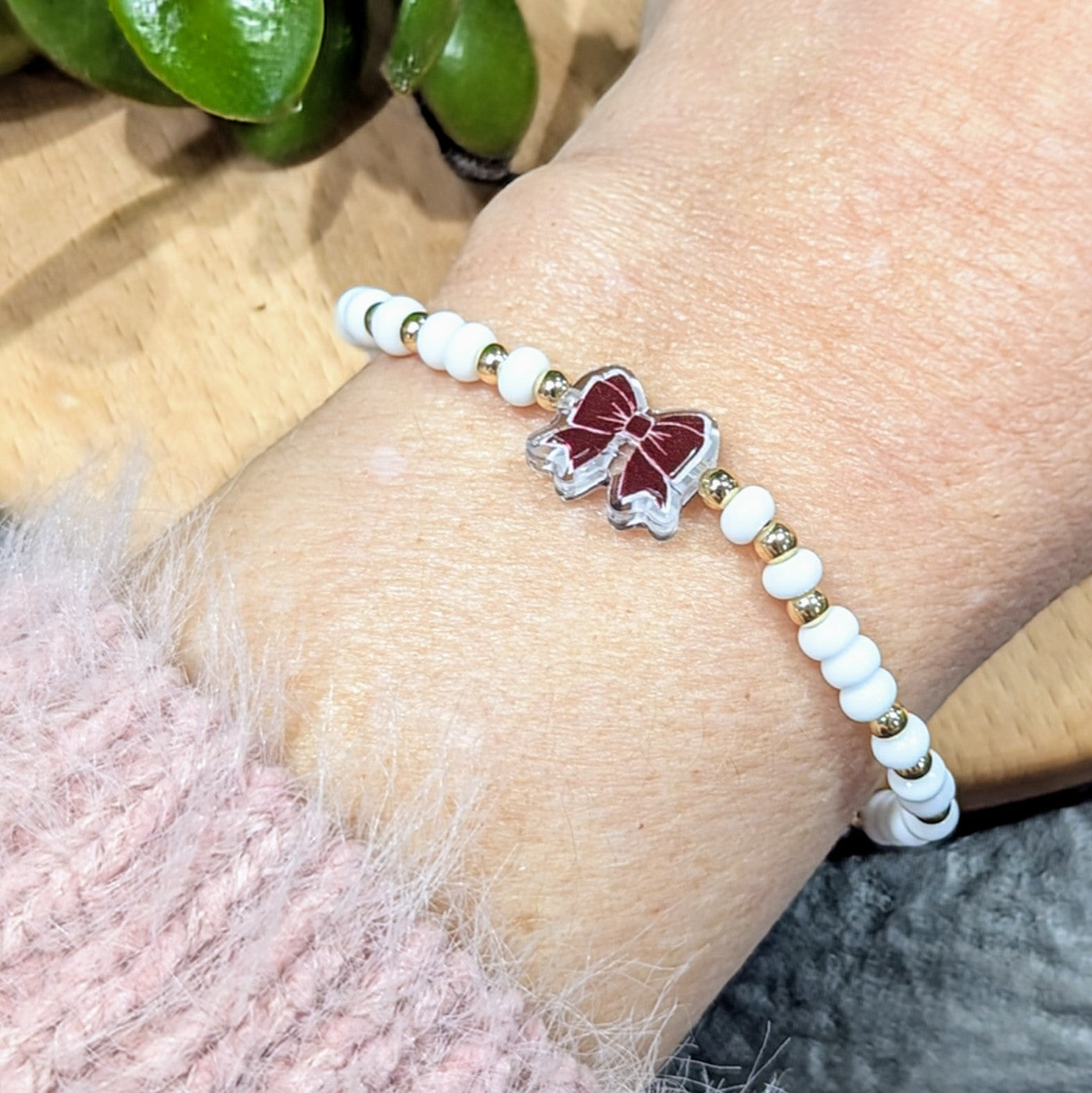 BB - Maroon Bow Beaded Bracelet