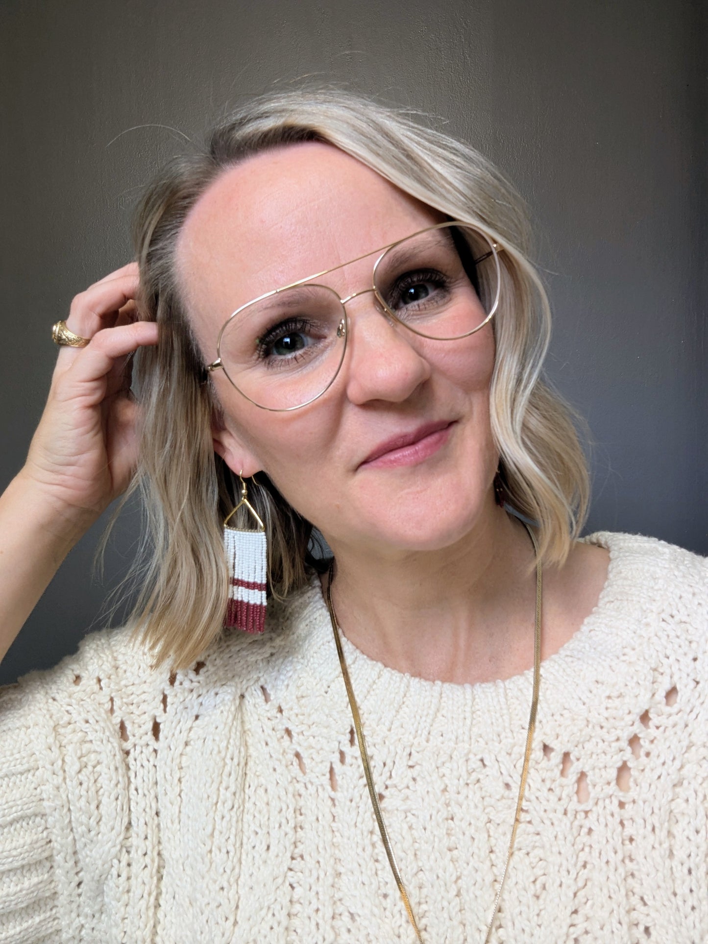 Beaded Fringe Earrings - Maroon + White Stripe