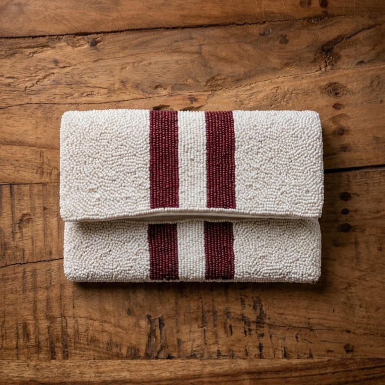 Striped Beaded Crossbody Purse in White + Maroon